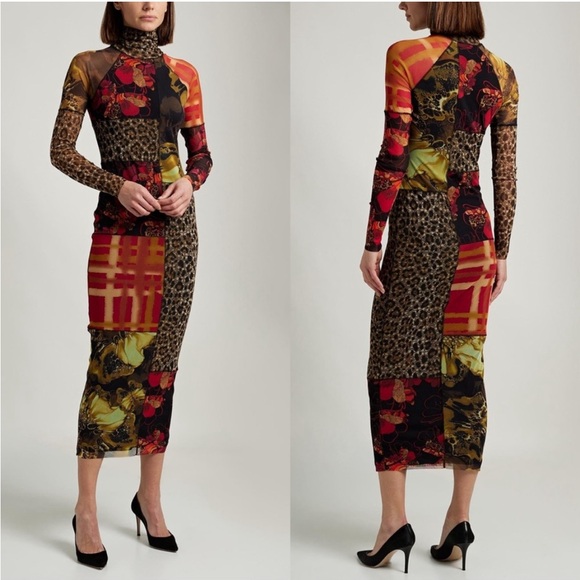 Fuzzi Abito Patchwork Mesh Long Sleeve Midi Bodycon Dress Size XS Multicolor - Picture 2 of 9